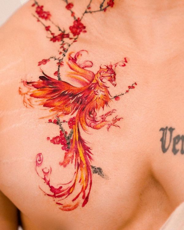 Tatuaggio fenice di fuoco by @e.nal.tattoo