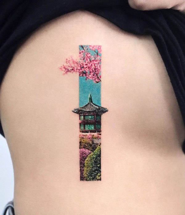 Paesaggio e fiori di ciliegio tatuato da @mooji_tt