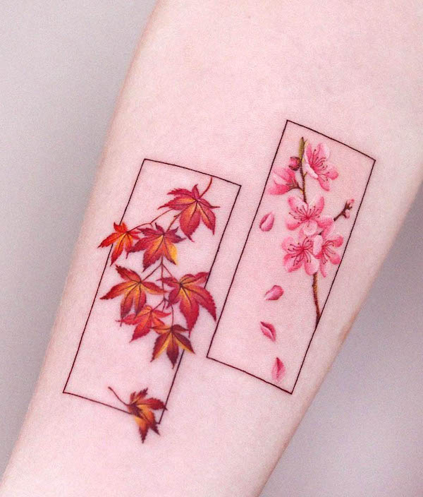 Tatuaggio con foglie d'acero e fiori di ciliegio di @nara_tattoopeople