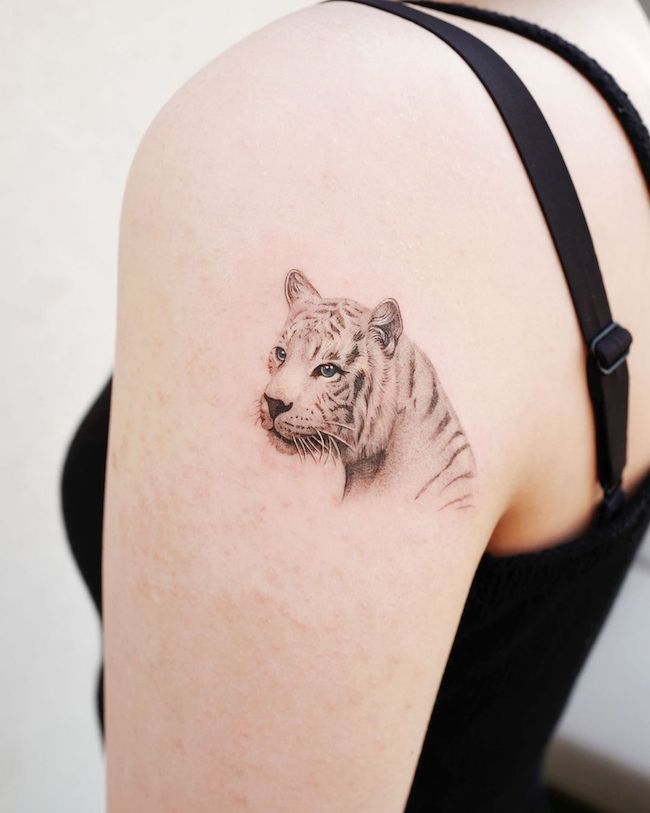 Tatuaggio di tigre bianca sul retro della spalla di @hansantattoo- Tatuaggi di classe in bianco e nero sulla spalla per donne