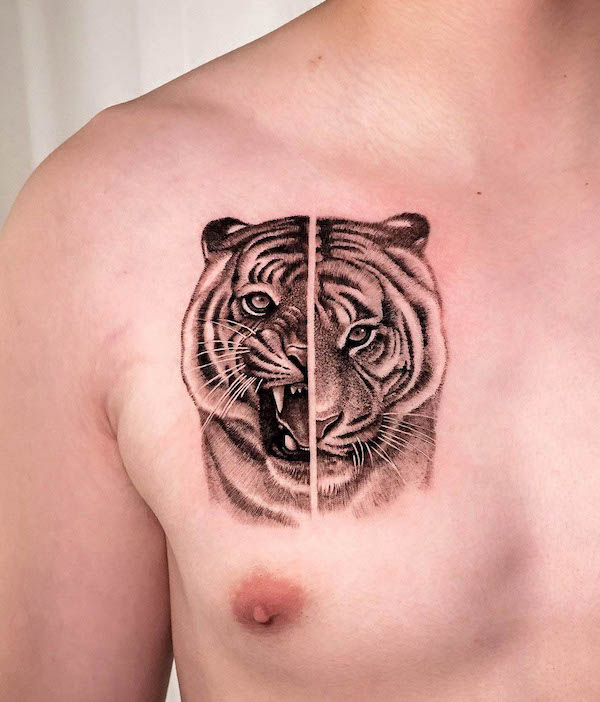 Tatuaggio con tigre bifronte di @shu_tattooart