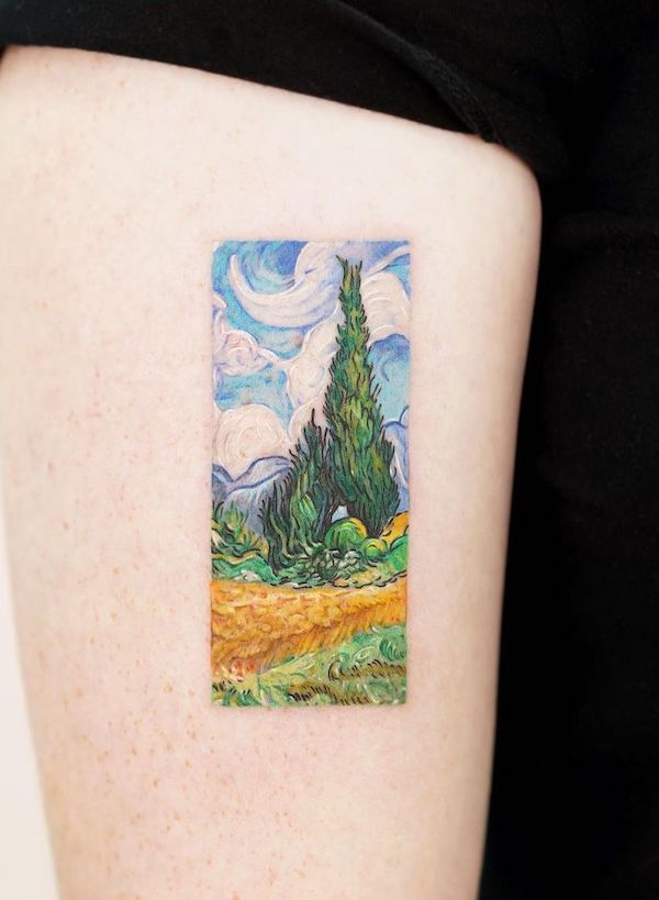 Campo di grano e cipressi Vincent Van Gogh tatuato da @hansantattoo