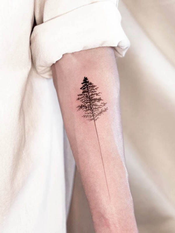 Tatuaggio a linea fine con albero allungato di @dudutattooist