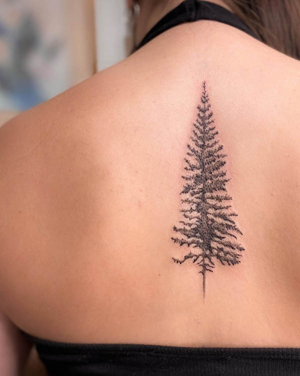 Tatuaggio della schiena con albero sempreverde di @lilashleytattoos
