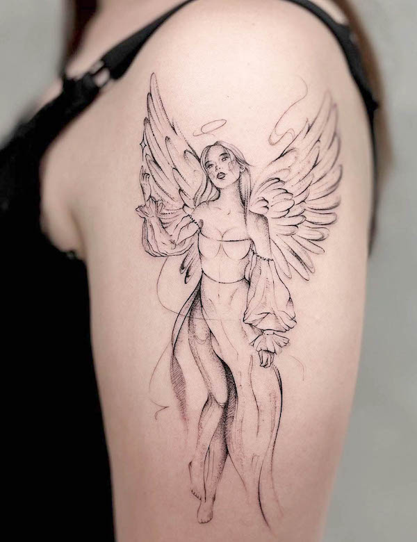 Tatuaggio femminile a forma di angelo per le donne da @na.szkicowana