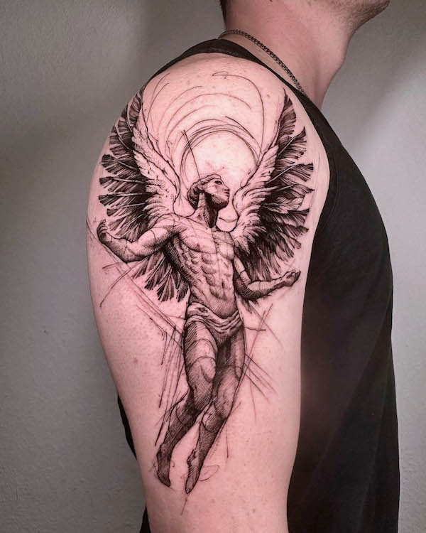 Tatuaggio a linea fine di un angelo carino di @clealtattoo