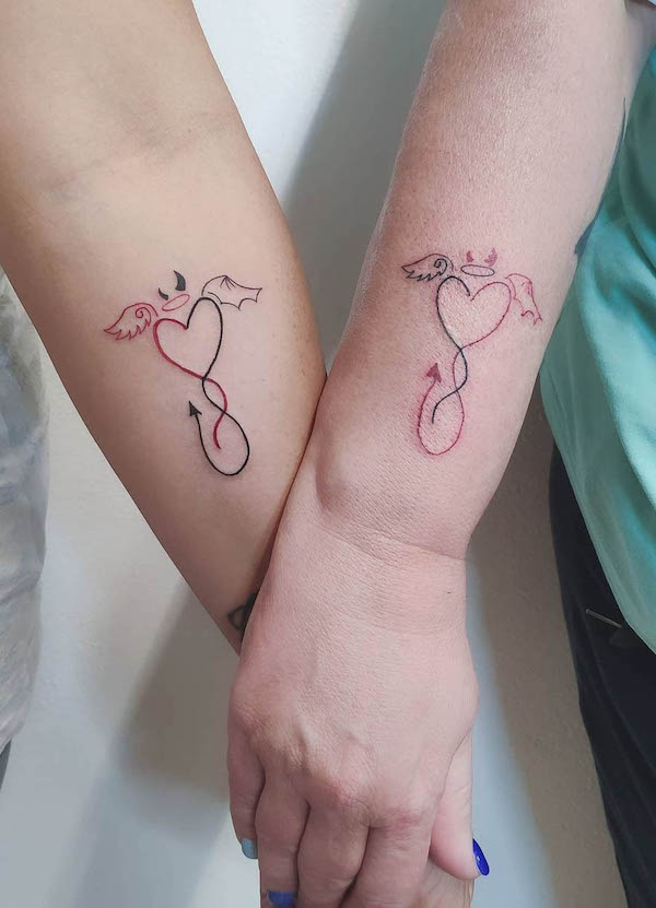 Tatuaggi semplici di angeli e diavoli abbinati di @lasguatteraink
