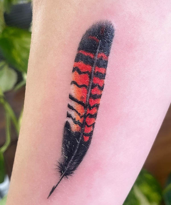 Tatuaggio con piume nere e rosse di @aimy.art