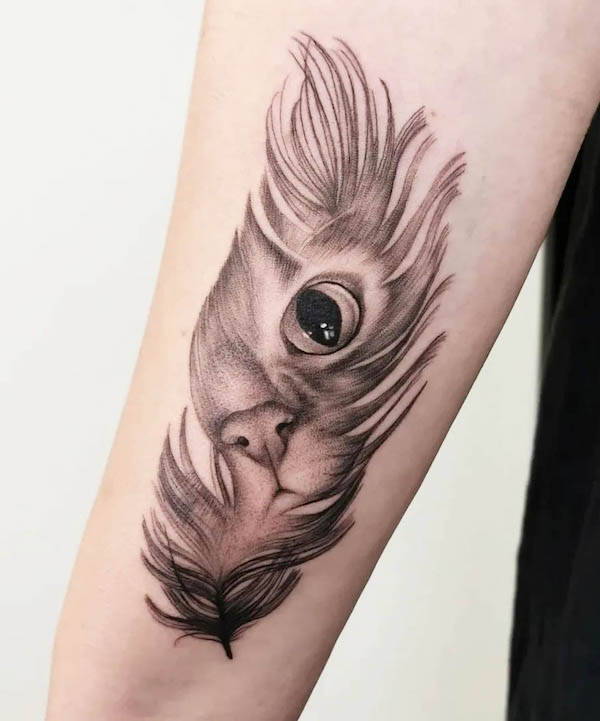 Tatuaggio carino con gatto e piume di @sarah_tavilla