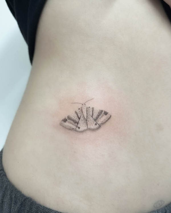 Tatuaggio semplice di una piccola falena in vita di @elises_pokedpieces