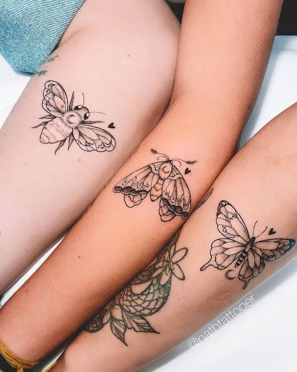 Tatuaggi abbinati con ape, falena e farfalla di @nathtattooer