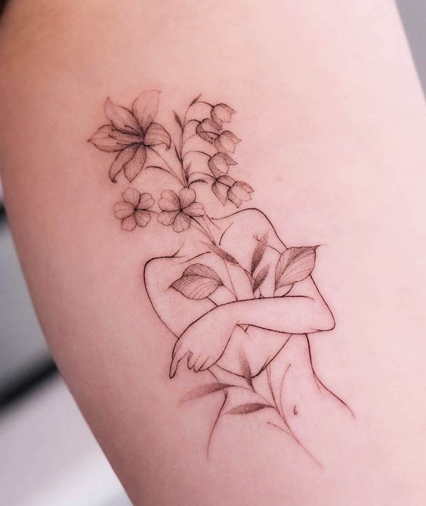 Tatuaggio a linea sottile dell'amore di sé di @necro_noir
