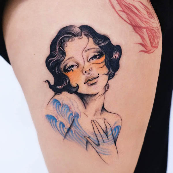 Tatuaggio Girly wave e ritratto di @rohatattoo