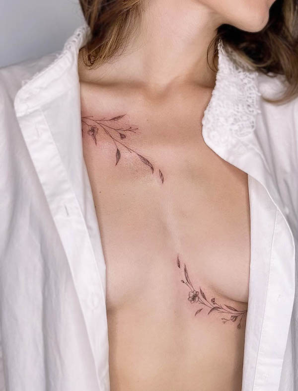 Tatuaggio asimmetrico di rami sul petto di @giuliinklab