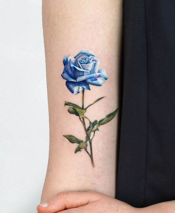 Tatuaggio a braccio con rosa blu in microrealismo di @myungdo___