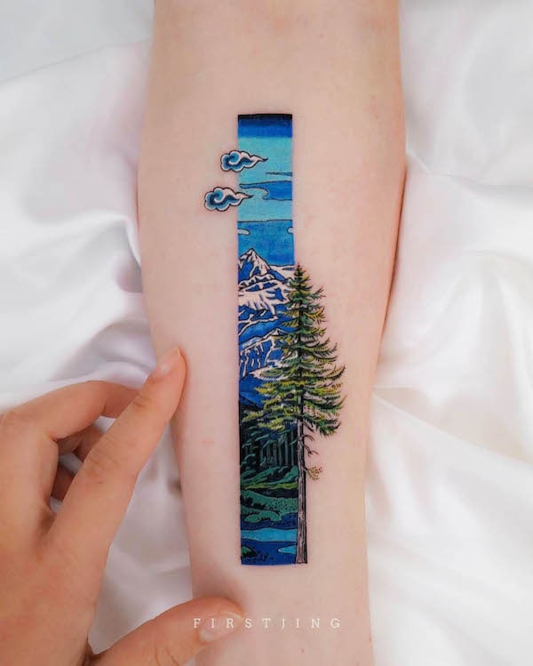 Tatuaggio orizzontale a strisce di montagna di @firstjing