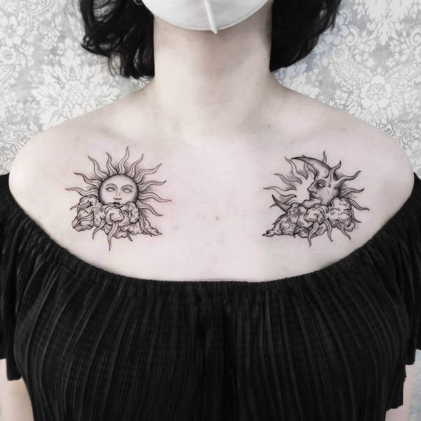 Tatuaggio del petto con sole e luna di @oskar_gurbada