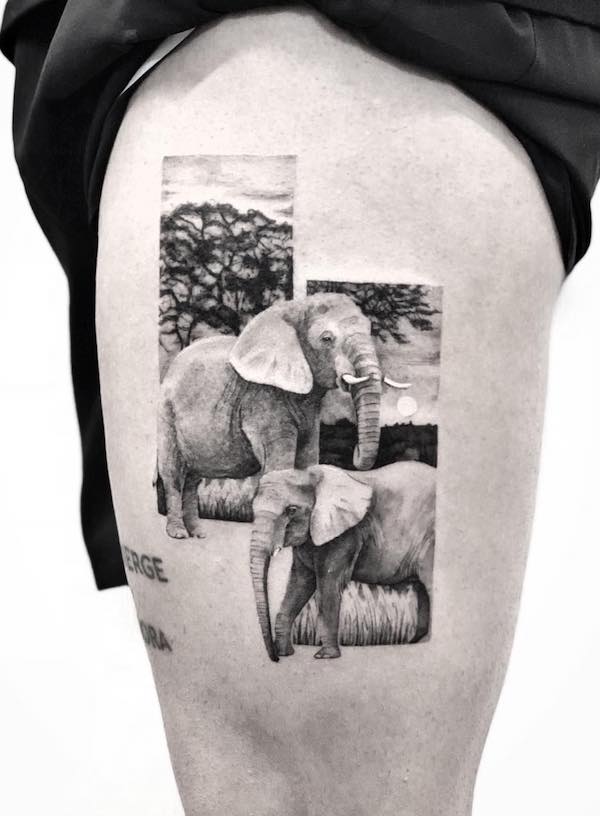 Tatuaggio di famiglia di elefanti sulla coscia di @victoria_art.nyc