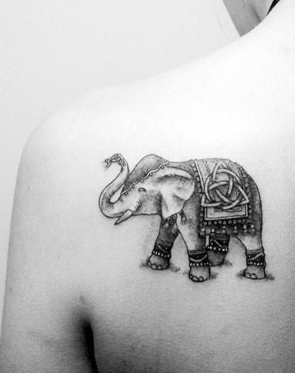 Intricato tatuaggio a scapola di elefante di @thegallery_tattoo