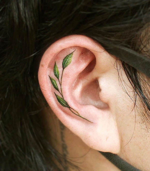Foglia verde dietro l'orecchio di @ch.tattoo.ahn