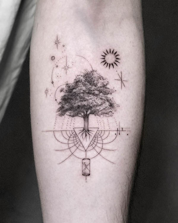 Tatuaggio simbolico dell'albero della vita di @andreabarreda