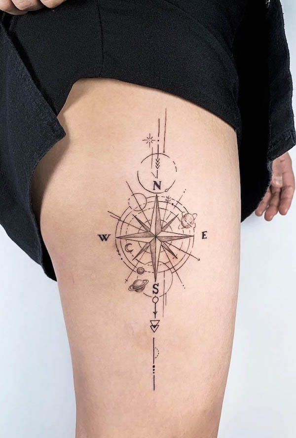 Tatuaggio geometrico con compasso sulla coscia di @mini_moondal_tt
