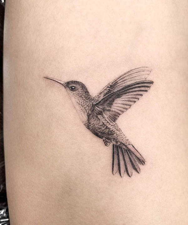 Tatuaggio colibrì realismo nero e grigio di @bestasiantattoo