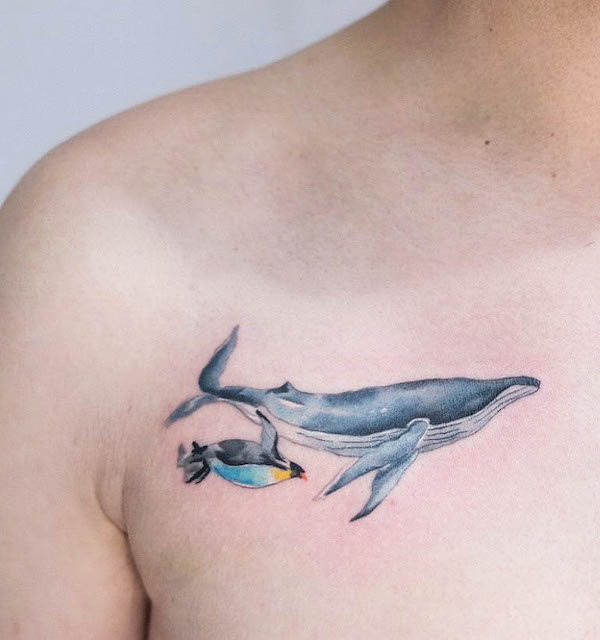 Balena e pinguino tatuaggio ad acquerello di @ching_artist