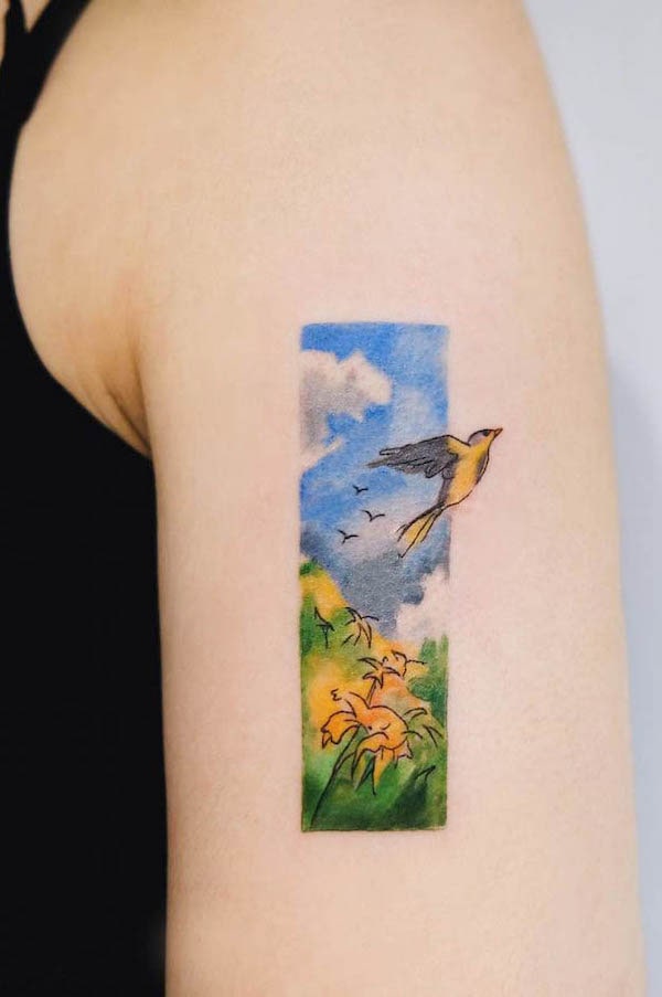 Tatuaggio a manica di uccello di @ching_artist