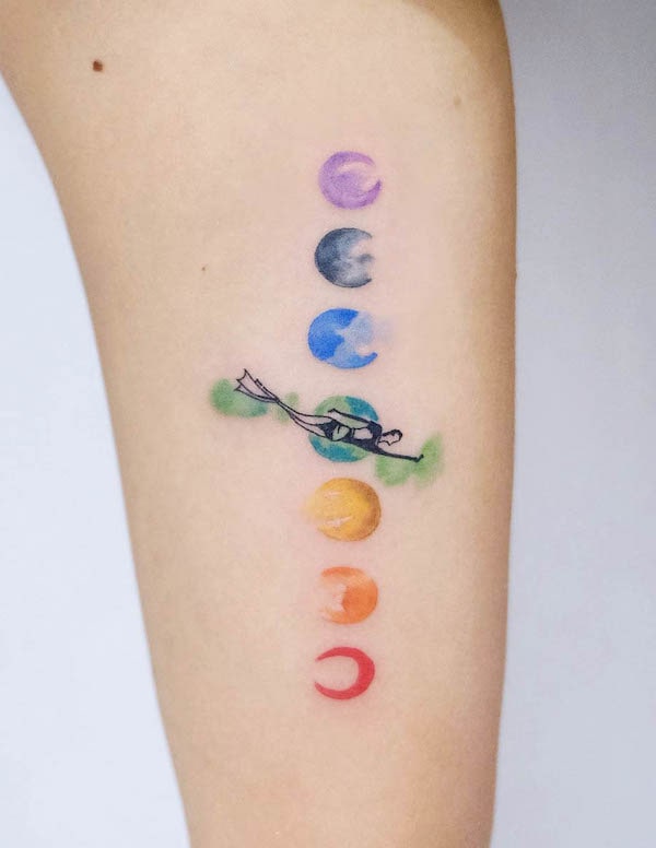 Tatuaggio di aerei e pianeti di @ching_artist