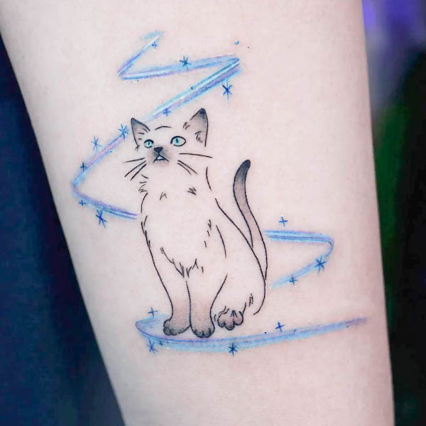 Tatuaggio di gatto Stardust di @tattooist_namoo