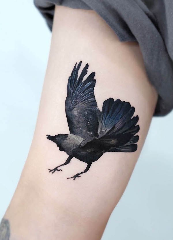 Tatuaggio sul bicipite di un corvo volante di @stuffie.ink_