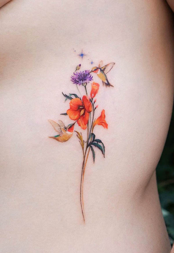 Colibrì e fiori selvatici di @abii_tattoo