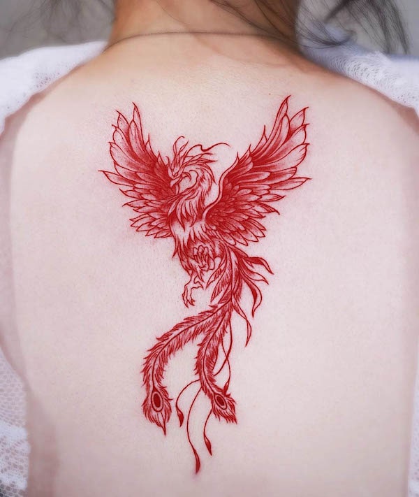 Inchiostro rosso fenice sulla schiena di @rahon_tt