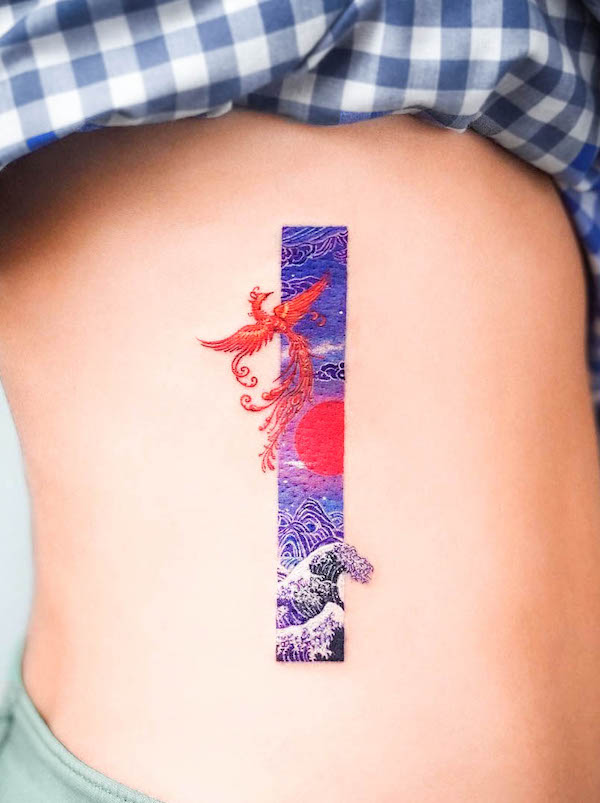 Tatuaggio giapponese con fenice per donne di @tattooist_eq