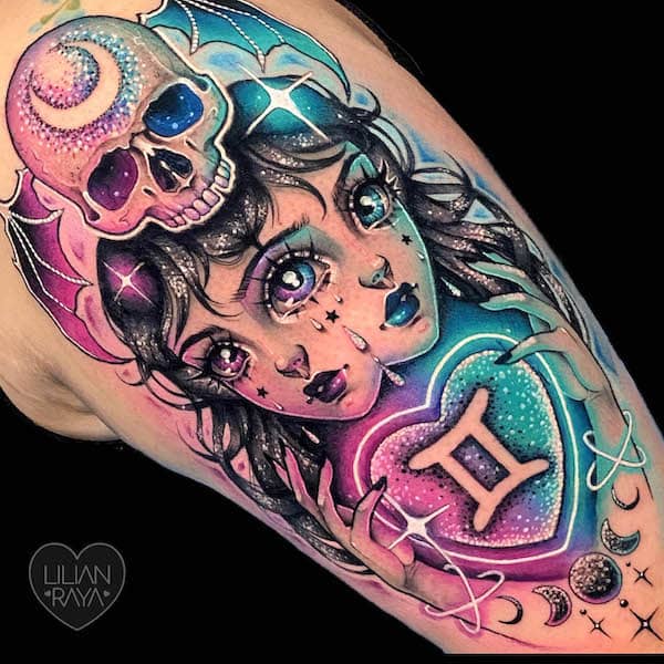 Tatuaggio Gemelli a colori neon di @lilianraya