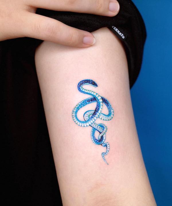 Tatuaggio con serpente giapponese blu di @soosoo.tattoo