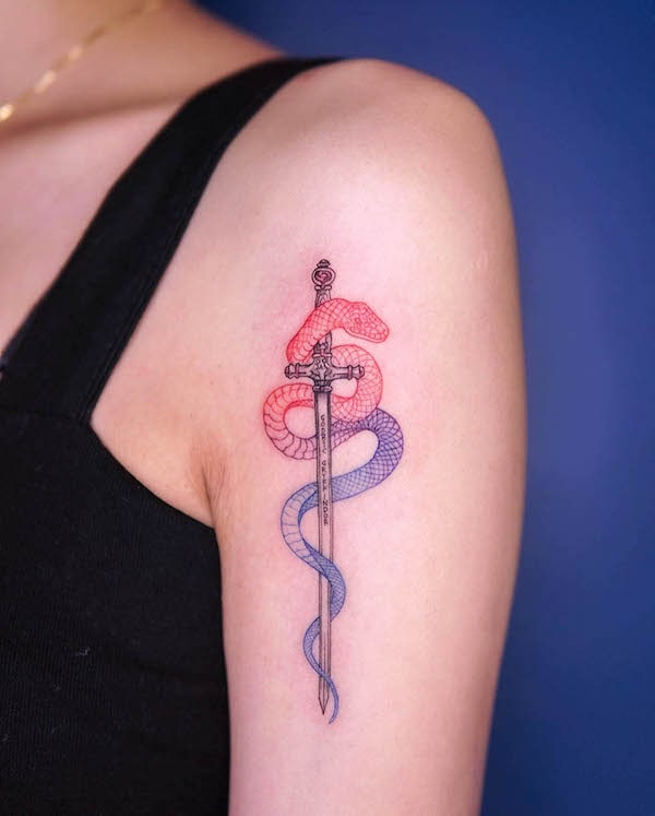 Tatuaggio bicolore con serpente e spada sulla manica di @baam.kr