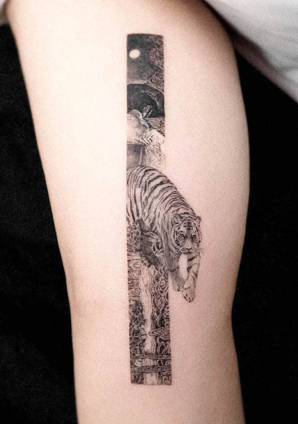 Tatuaggio della tigre sulla parte superiore del braccio di @choseung.tat