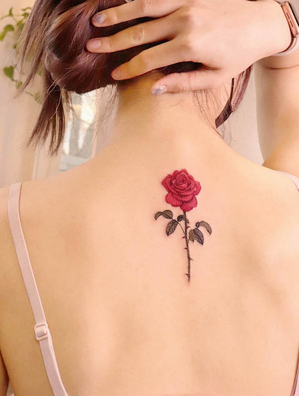 Tatuaggio con rosa sulla schiena di @peria_tattoo