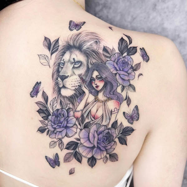Tatuaggio della schiena di leone di @tattoo.xi_.zhen_