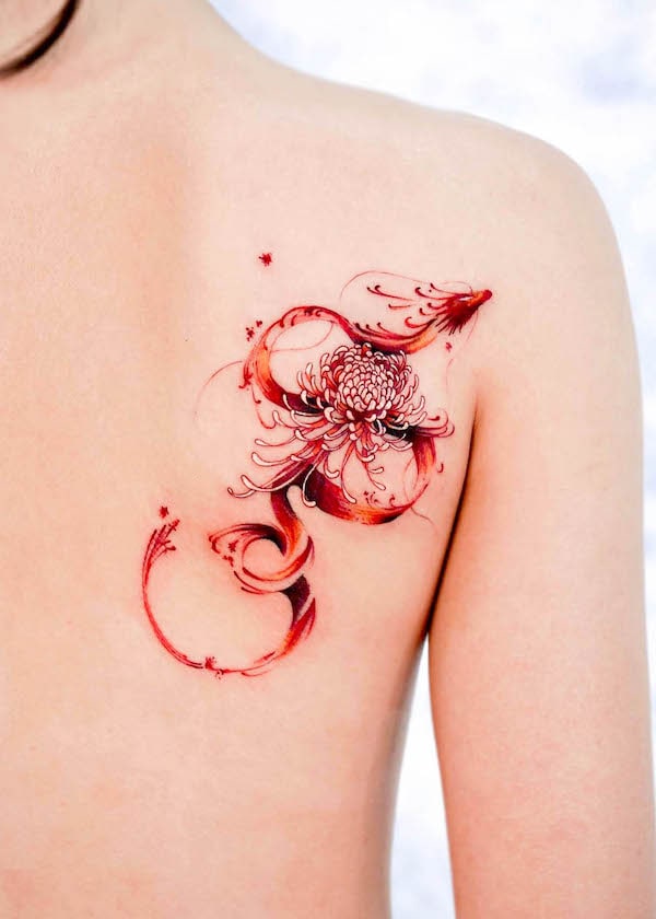 Giglio ragno rosso e drago tatuaggio spalla da @hwyl.tattoo