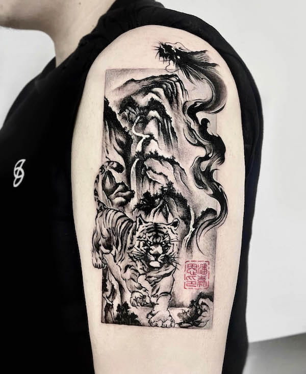 Tatuaggio a manica di tigre e drago da @jing.tattoo