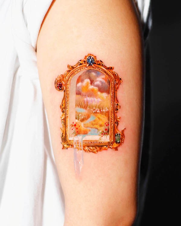 Conceptional autumn scenery sleeve tattoo di @mooongnyum_tattoo