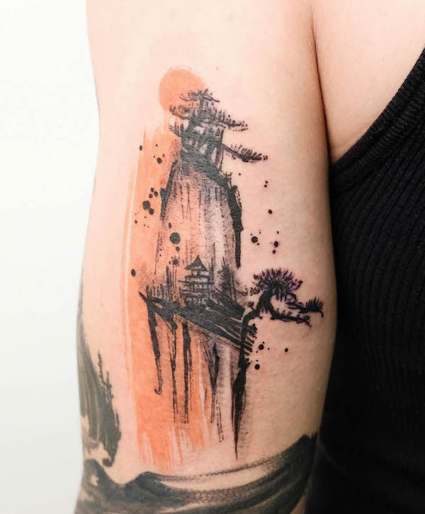 Tatuaggio a manica di paesaggio cinese a due colori di @echo.tattoos