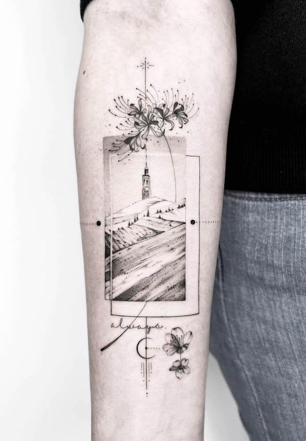 Tatuaggio Mont Ventoux sull'avambraccio di @acra.tattoos