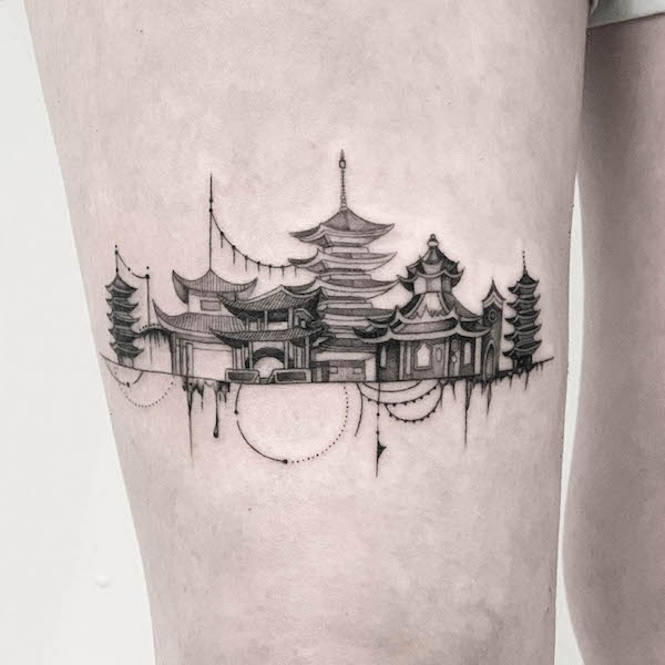 Tatuaggio di paesaggio giapponese di @brittnaami