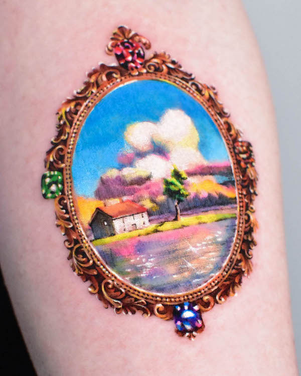Tatuaggio di @mooongnyum_tattoo: splendido piccolo paesaggio a specchio