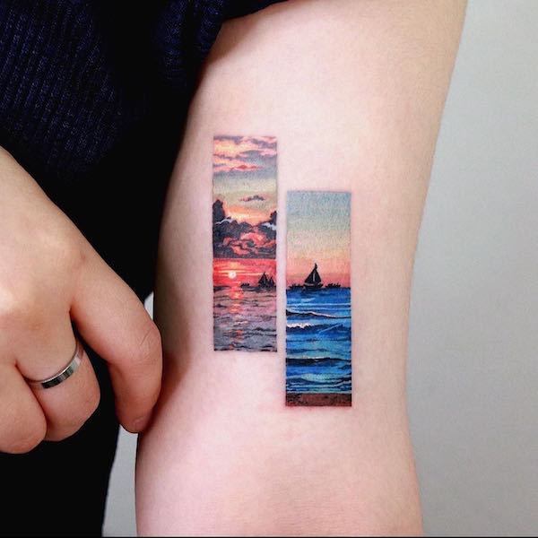 Tatuaggio collage di paesaggi all'alba di @tattooist_sigak