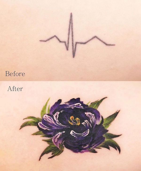 Tatuaggio cover up con rosa viola di @tattooist_zela